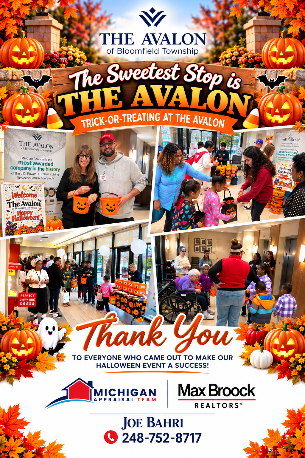 Halloween trick-or-treat event flyer from The Avalon of Bloomfield Township, with celebration photos and Michigan Appraisal Team and Max Broock logos