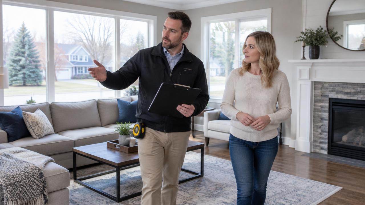 Appraiser with clipboard and tape measure walking through a Michigan home with a homeowner