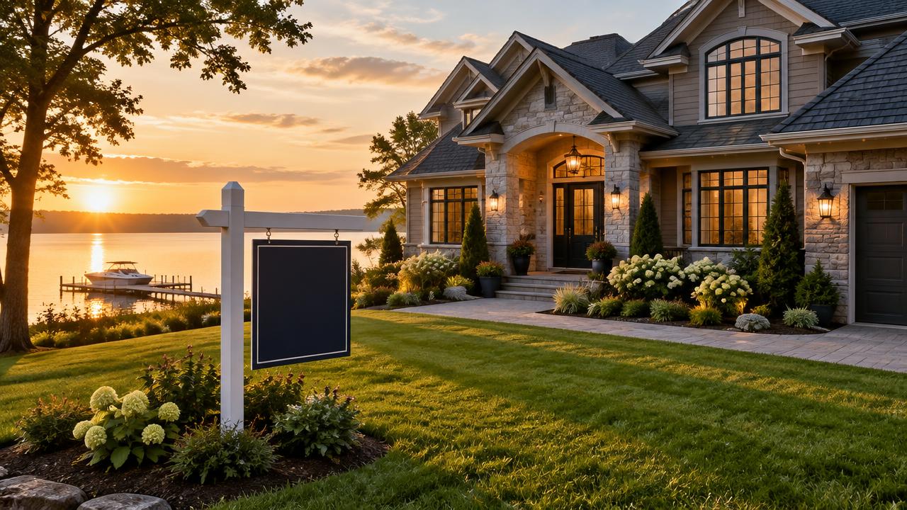 Luxury lakefront home at sunset with a for-sale sign in the front yard