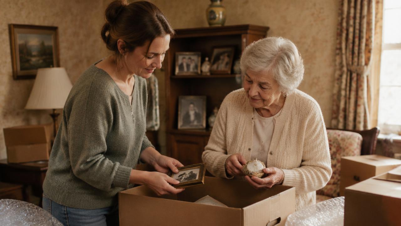 Adult daughter helping her elderly mother pack keepsakes before a move to assisted living