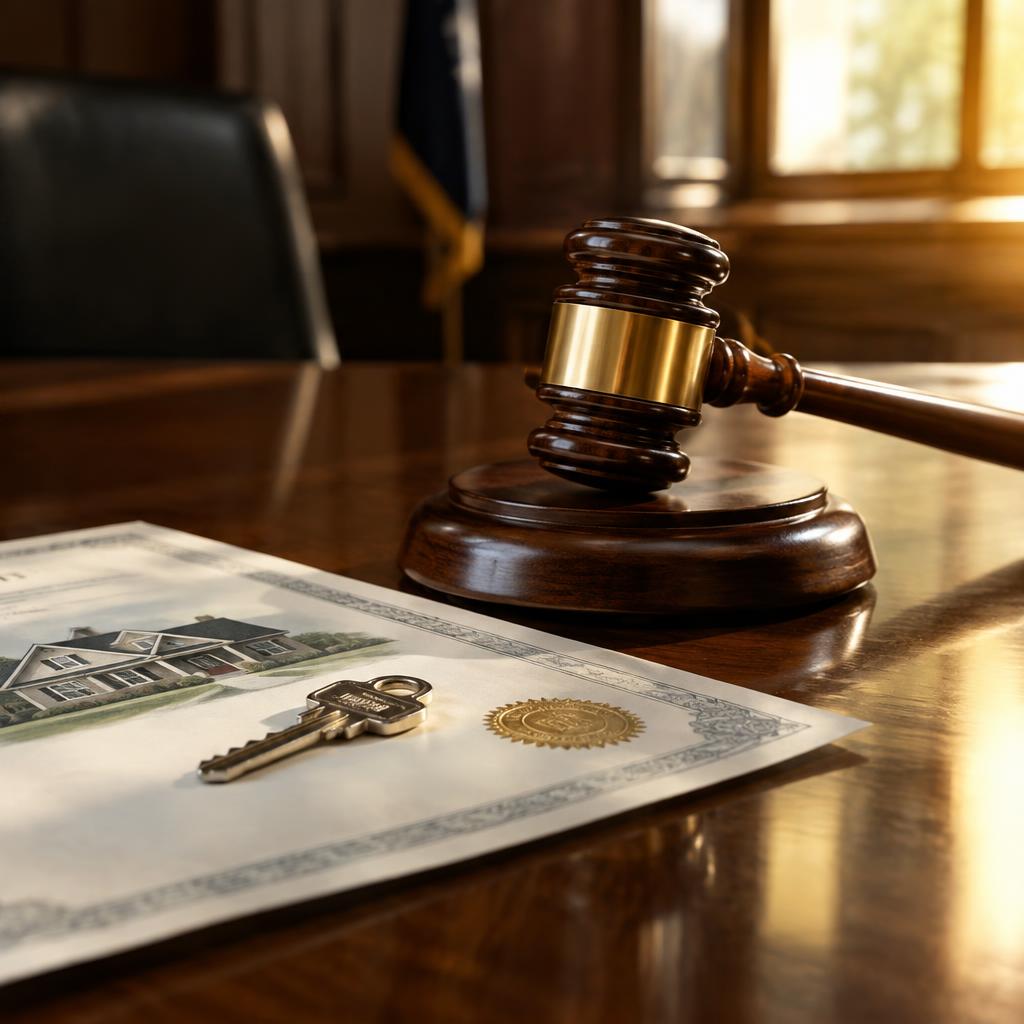 Judge's gavel beside a certified home appraisal report and a house key