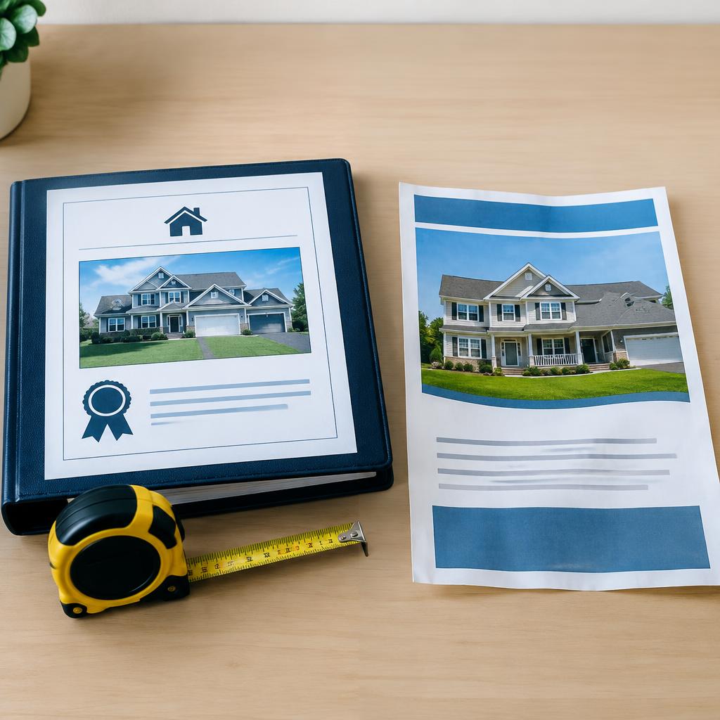 Certified appraisal binder with a measuring tape next to a simple listing flyer