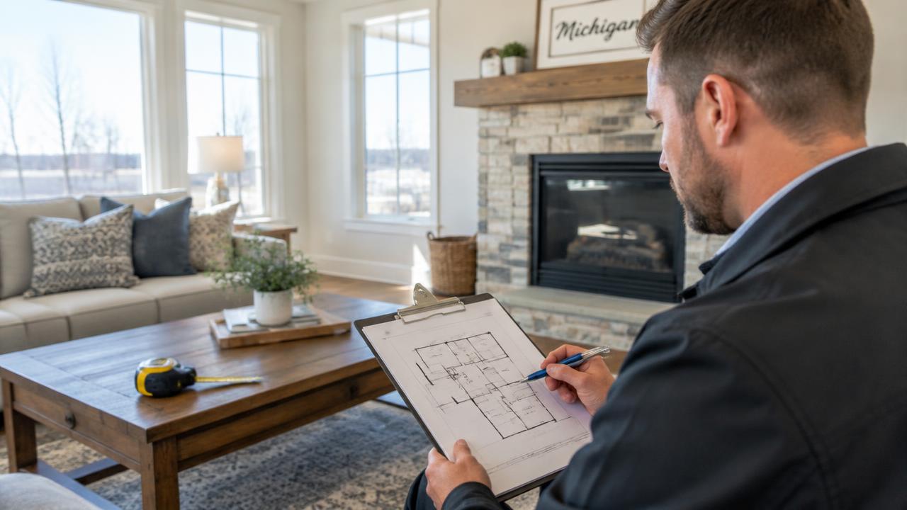 Appraiser sketching a floor plan during a Michigan home inspection