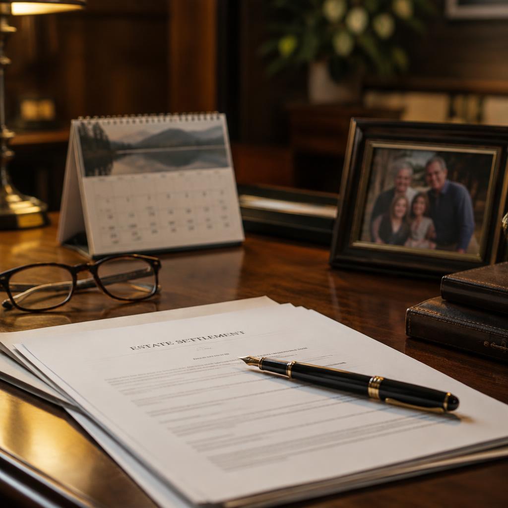 Estate settlement paperwork, a calendar, and a framed family photo on a wooden desk