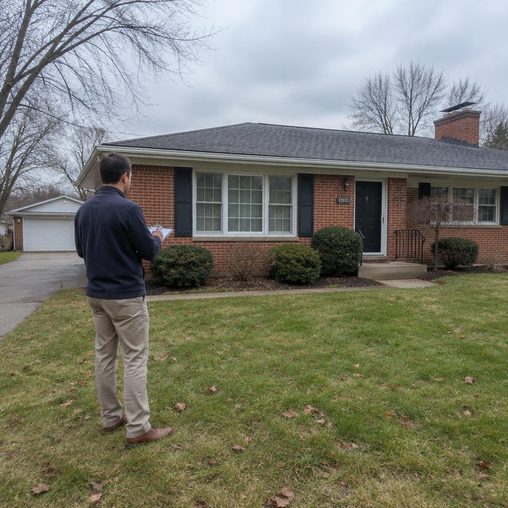 Licensed appraiser taking notes outside a Michigan brick ranch home
