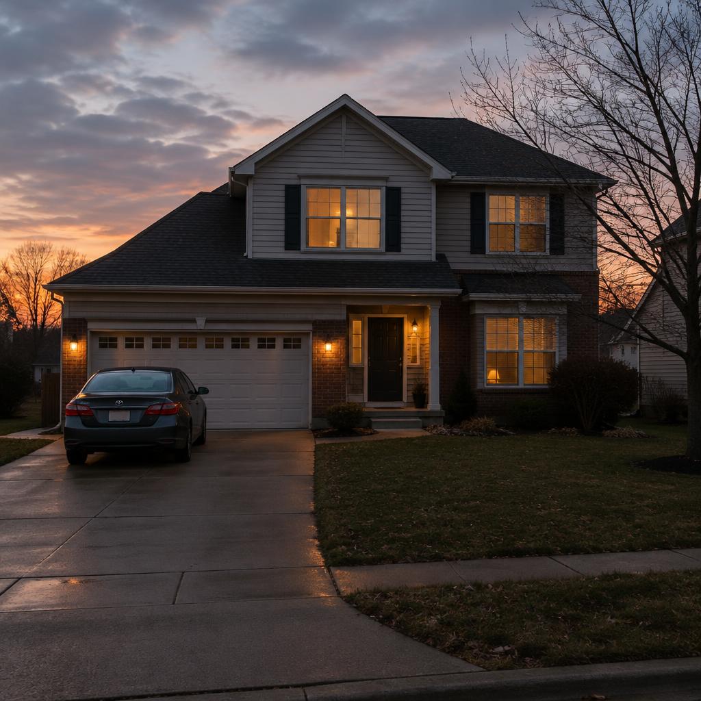 Suburban Michigan home at dusk with warm lights in the windows