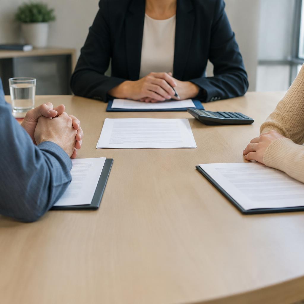 Two spouses at a mediation table with a neutral mediator and paperwork