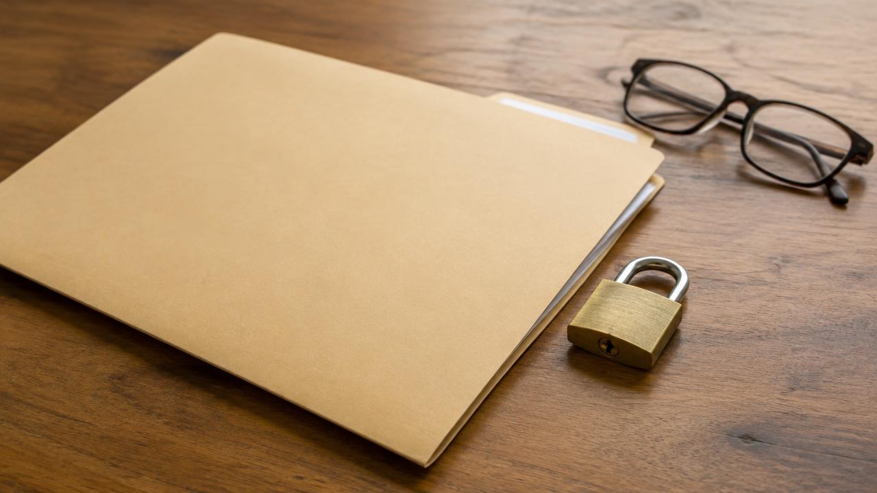 Closed folder and padlock on a desk representing a confidential appraisal