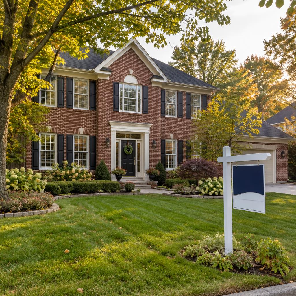 Brick colonial home in West Bloomfield with a for-sale sign on the front lawn