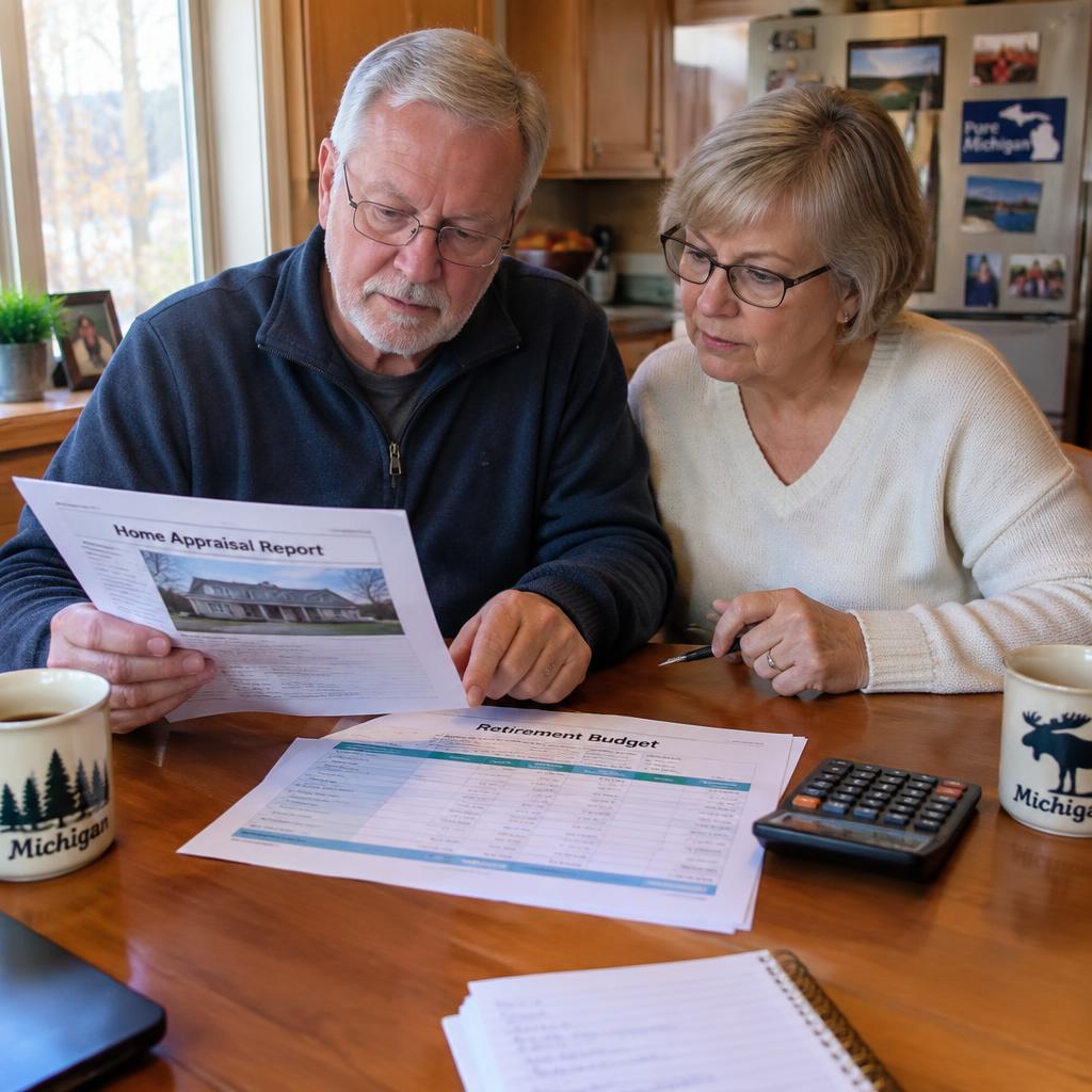 Senior couple reviewing a home appraisal report and retirement budget at their kitchen table