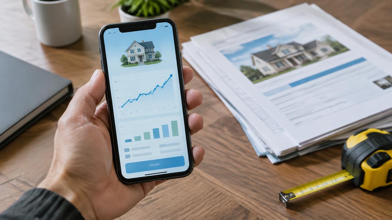 Smartphone home value estimate beside printed appraisal documents and a measuring tape