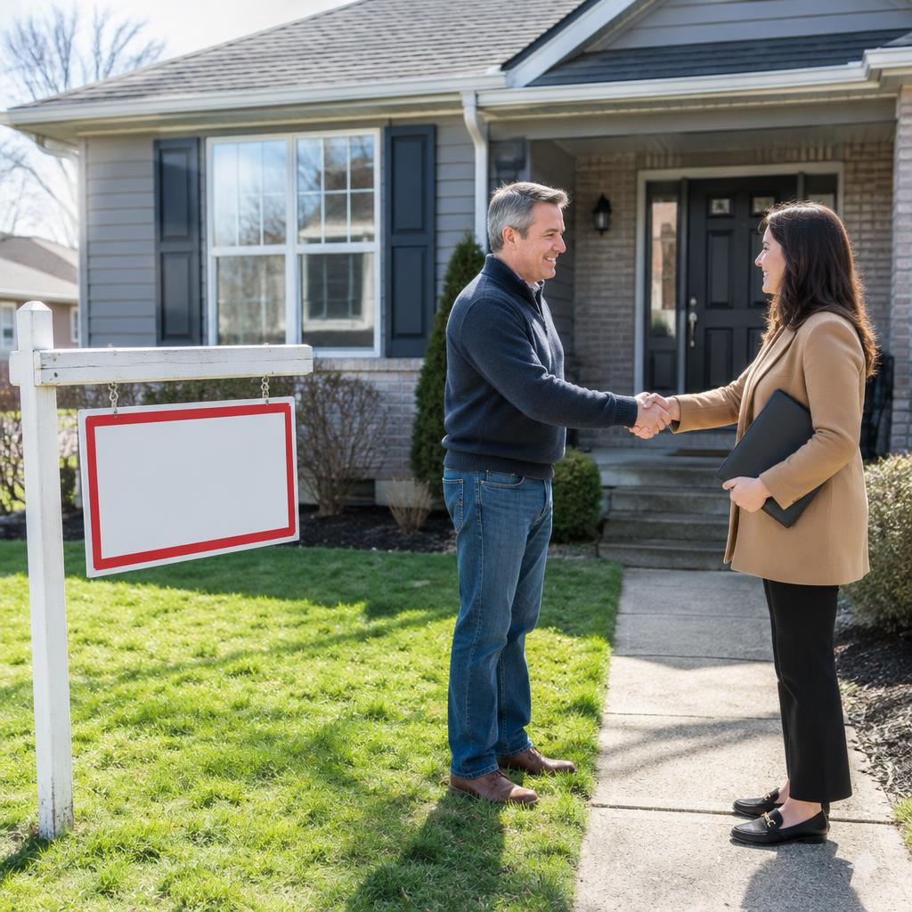 Seller and buyer shaking hands in front of a Michigan home with a for-sale sign
