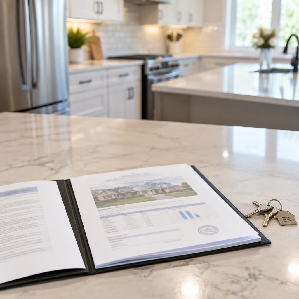 Certified appraisal report open on a kitchen counter beside house keys