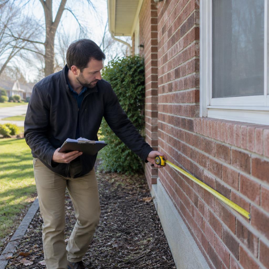 Appraiser measuring the exterior brick wall of a Michigan home with a tape measure