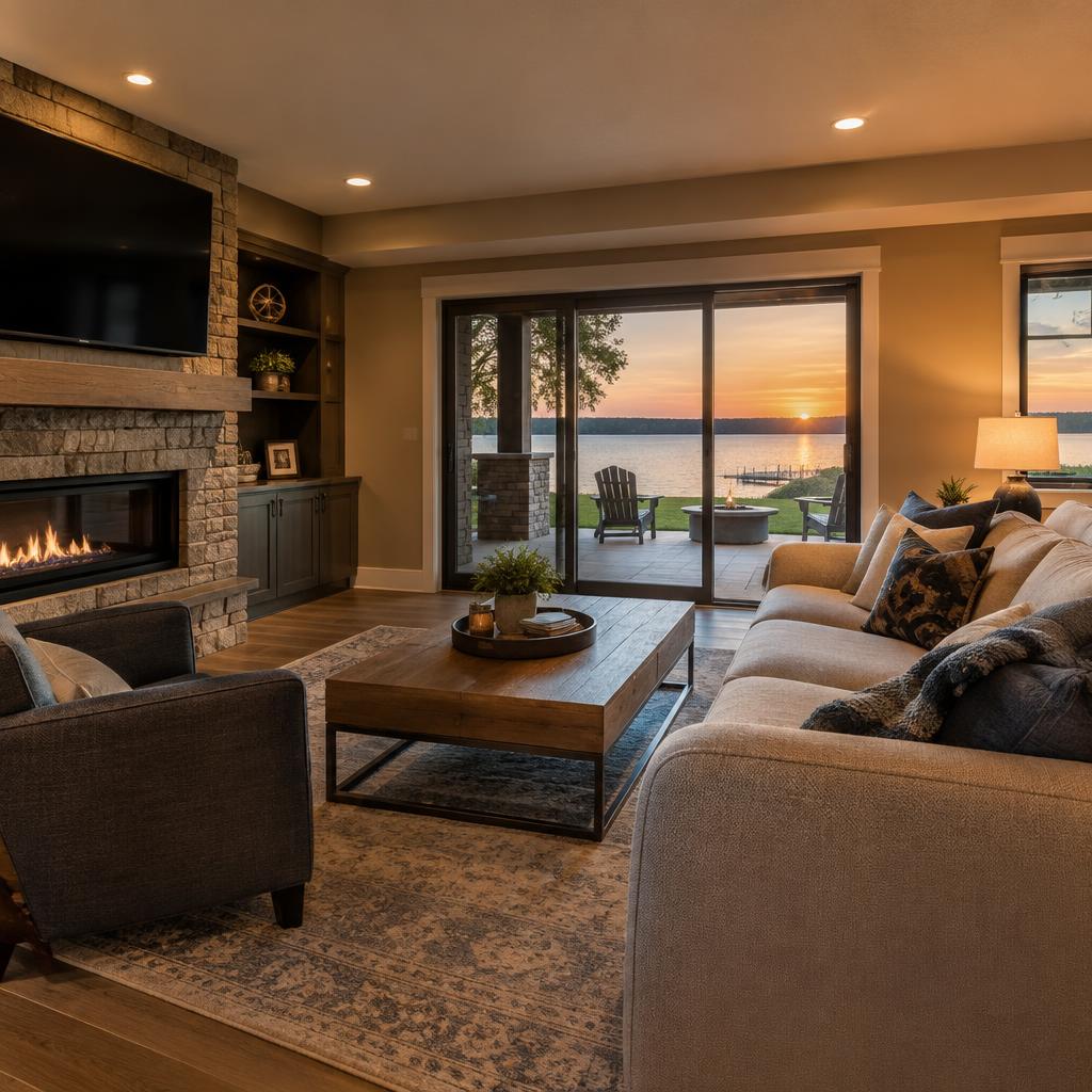 Finished walkout basement family room with a patio door opening to a lake view