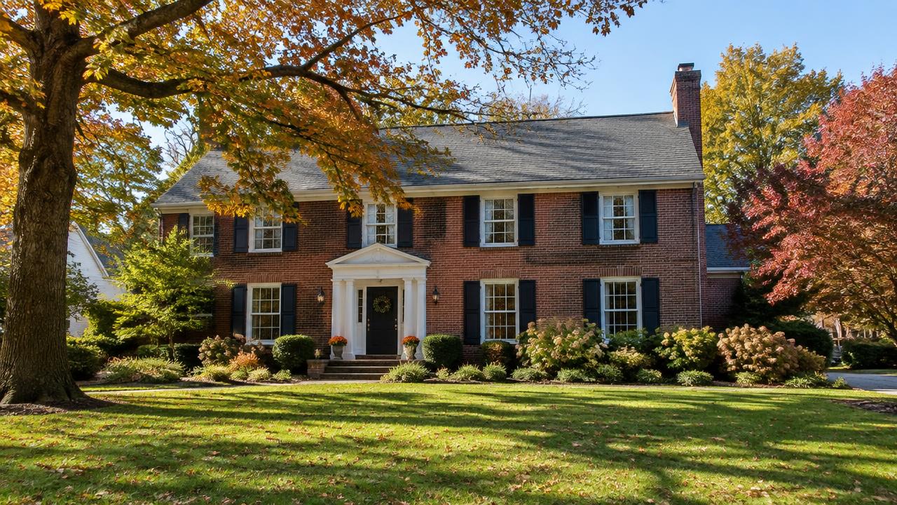 Brick colonial home in a Michigan suburb in autumn