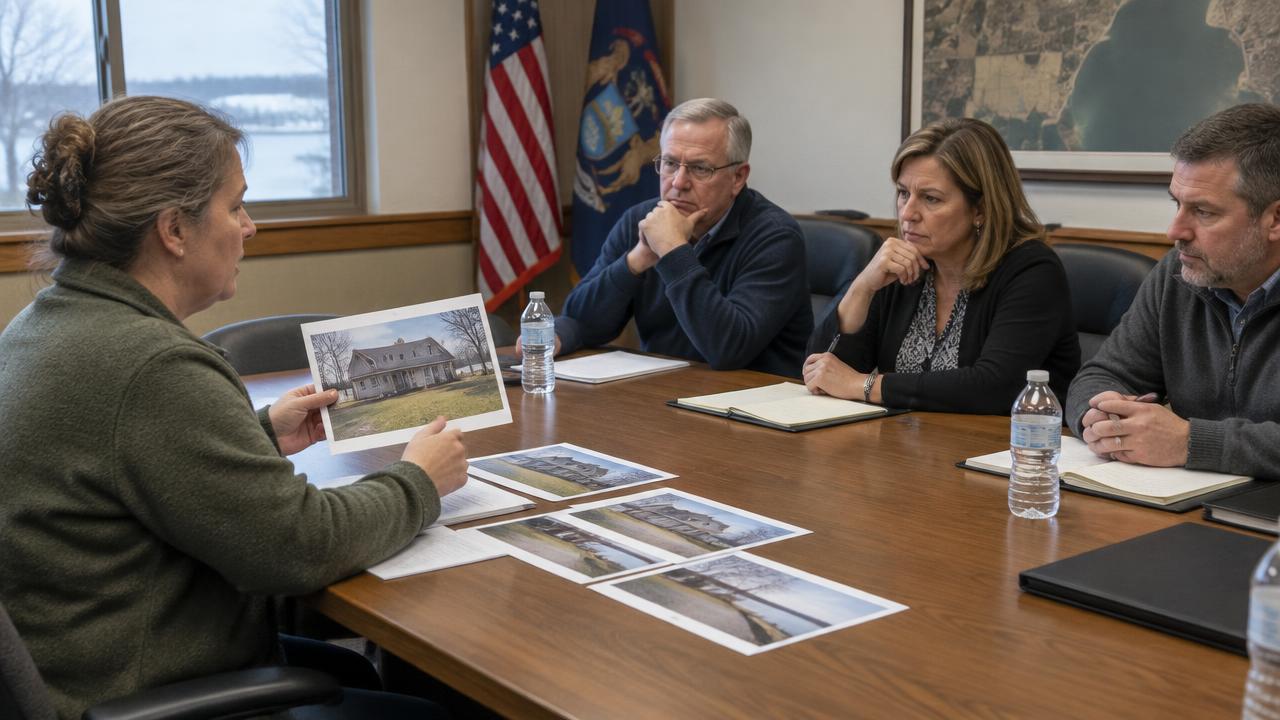 Homeowner presenting property photographs at a local assessment review meeting