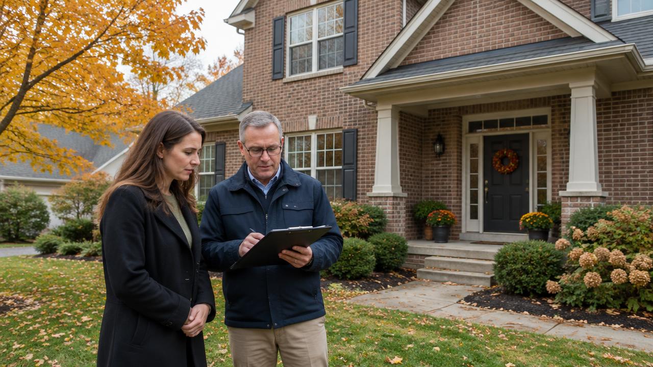 Family representative and appraiser outside a brick Michigan home in autumn