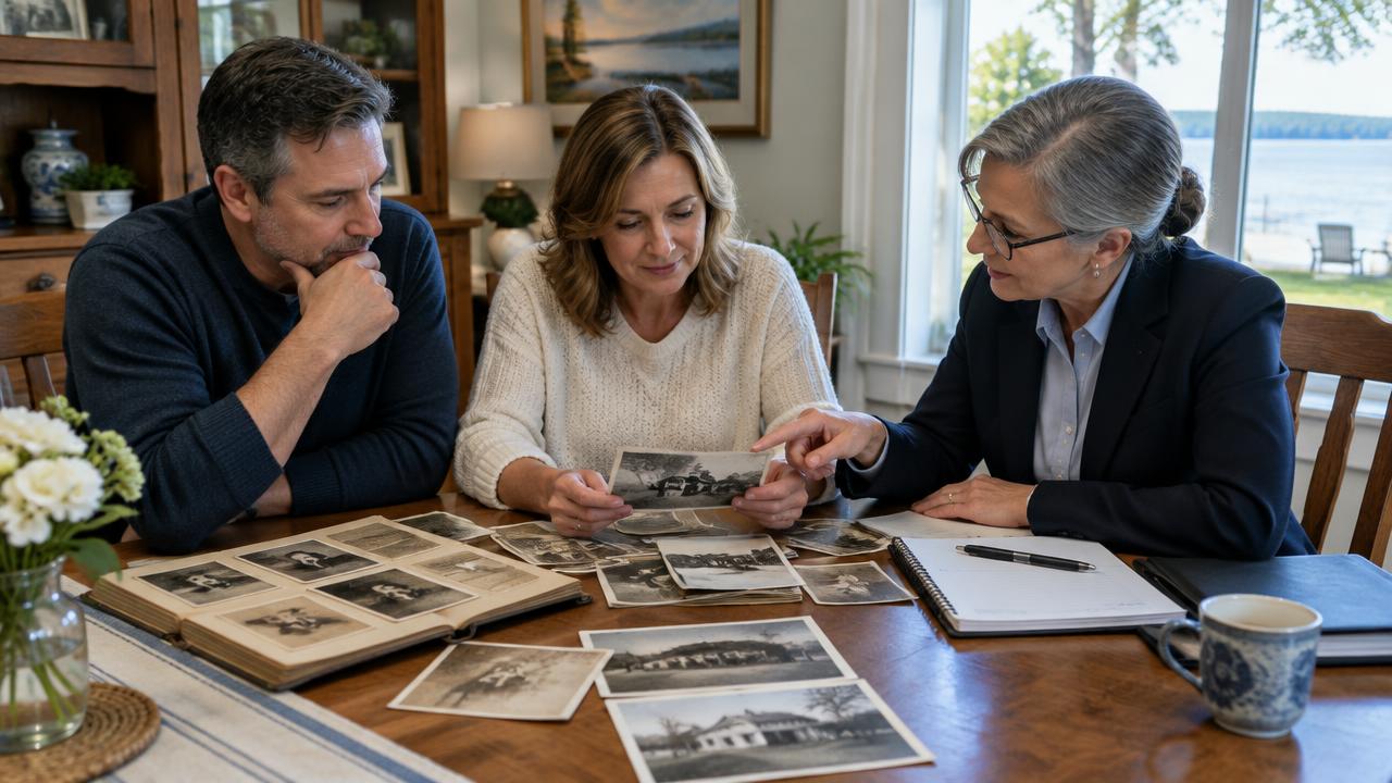 Adult siblings reviewing historical home photographs with an appraisal professional