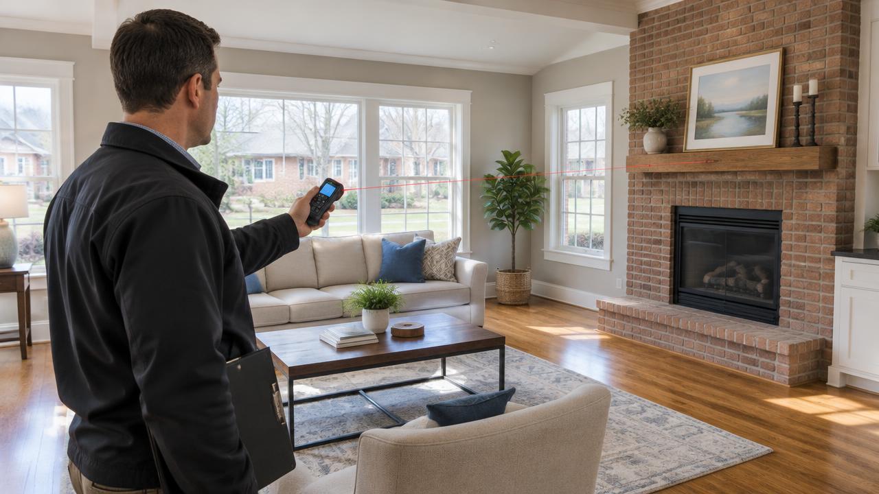Professional appraiser measuring a Michigan home's living room with a laser device