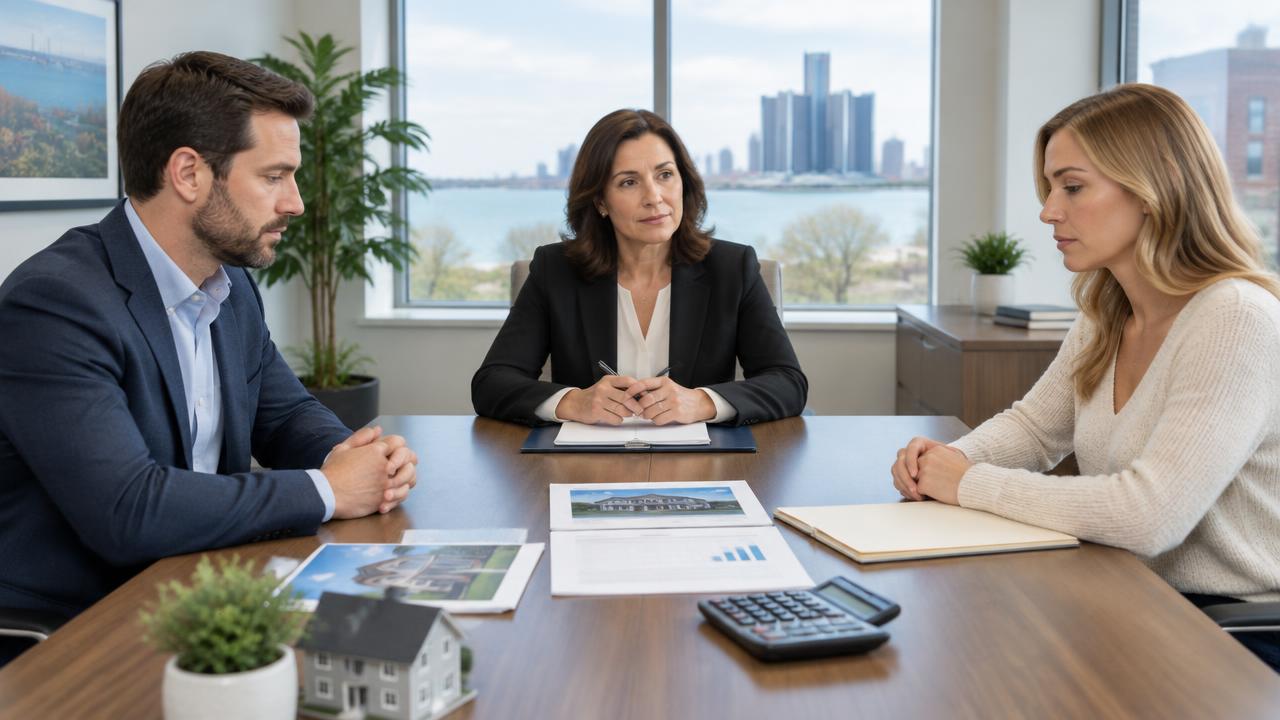 Spouses and a neutral professional discussing property documents at a mediation table