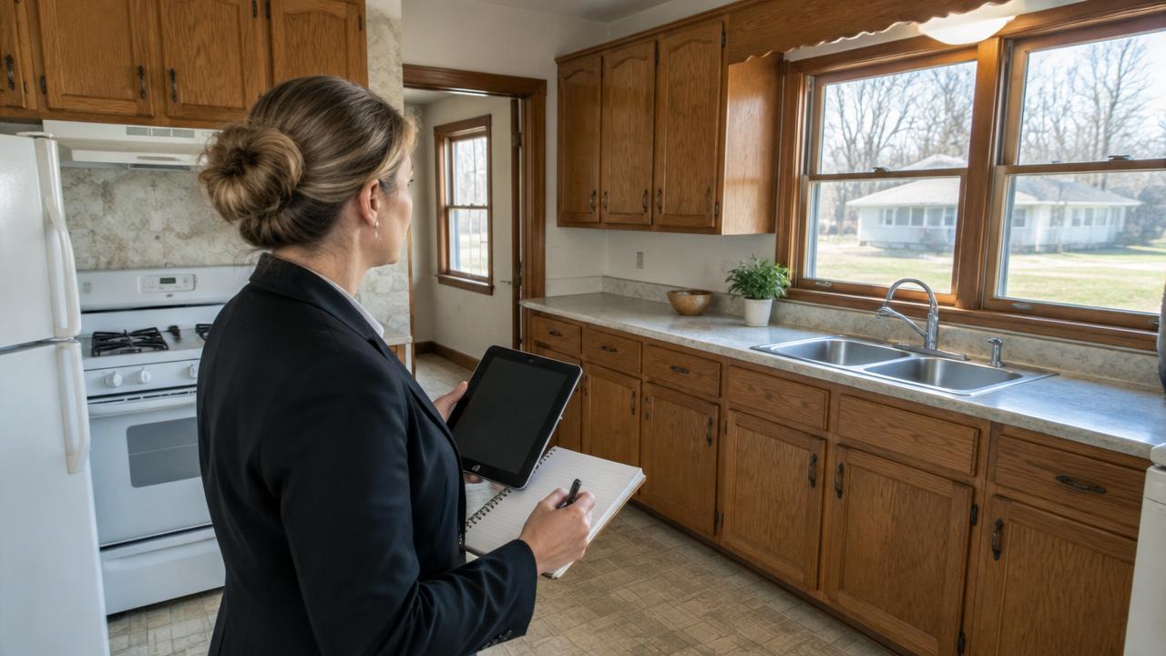 Appraiser examining the condition of an original kitchen during a home visit