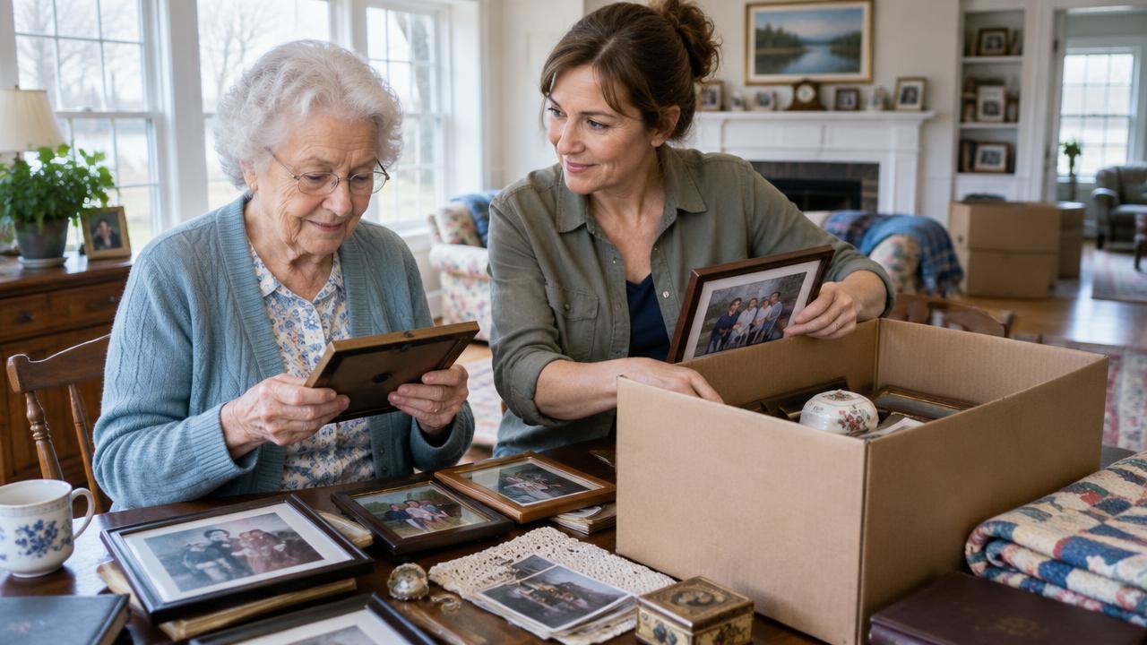 Senior homeowner and adult daughter packing family photographs and keepsakes for a move