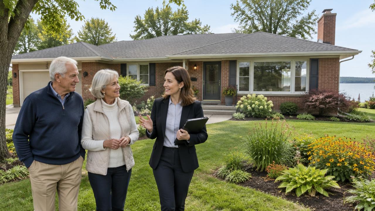 Senior couple discussing their brick ranch home's value with an appraisal professional