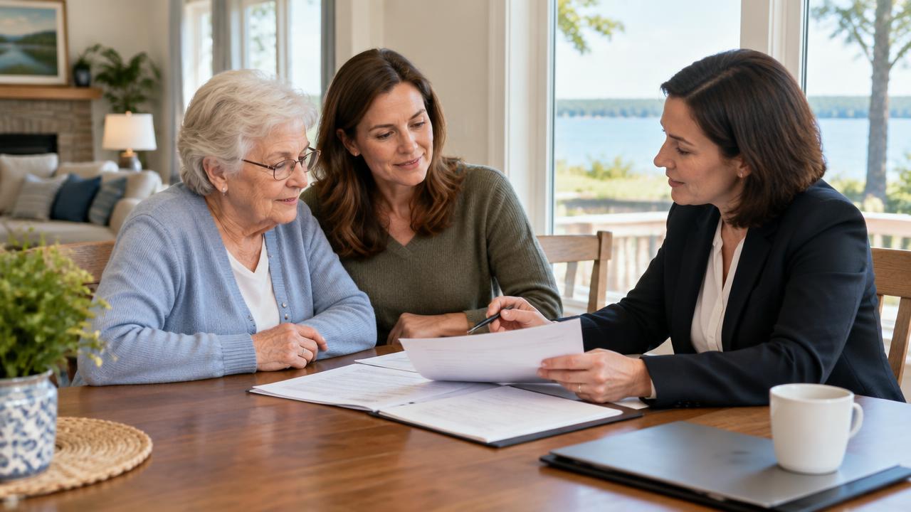 Senior homeowner and adult daughter reviewing trust-related property documents with a professional