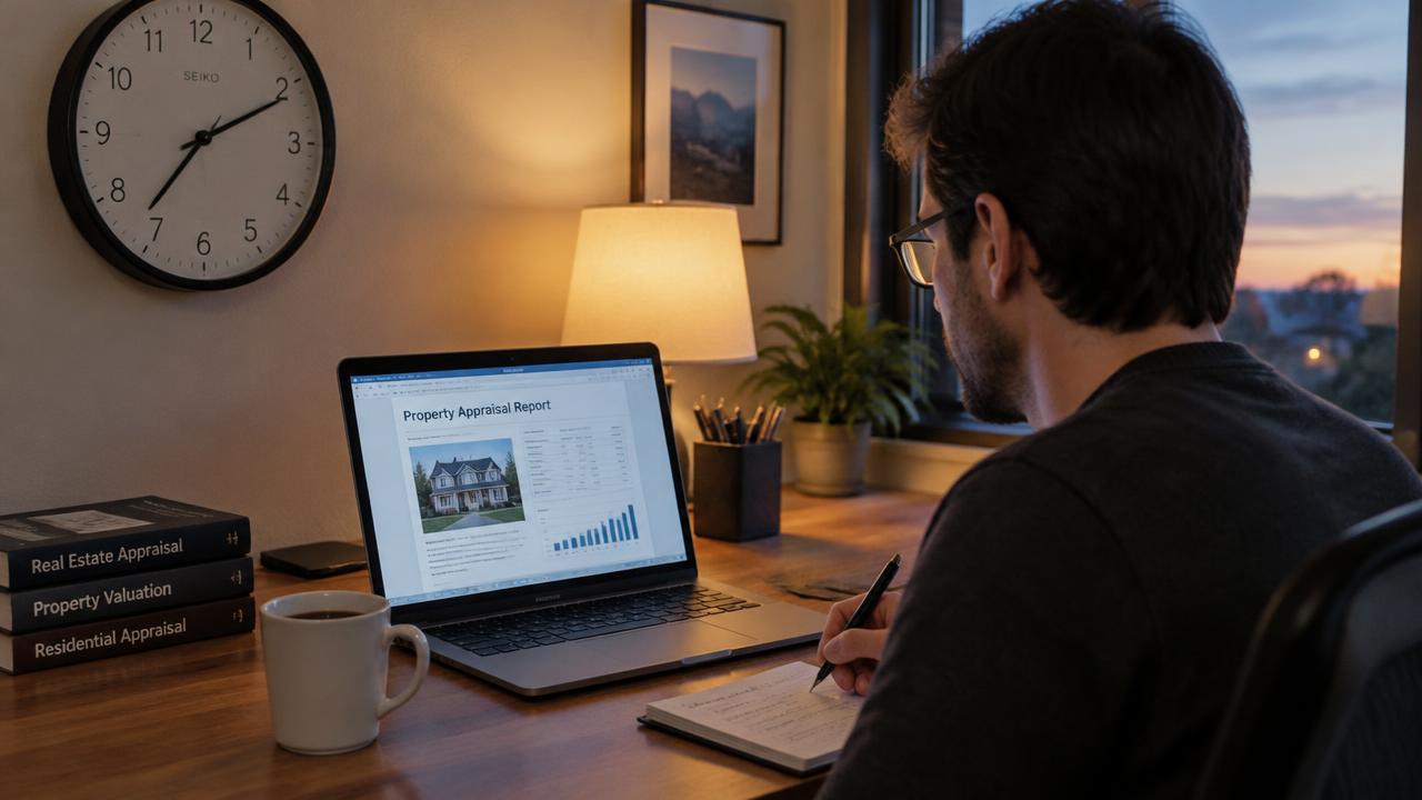 Appraiser writing up a home appraisal report at a desk in the evening