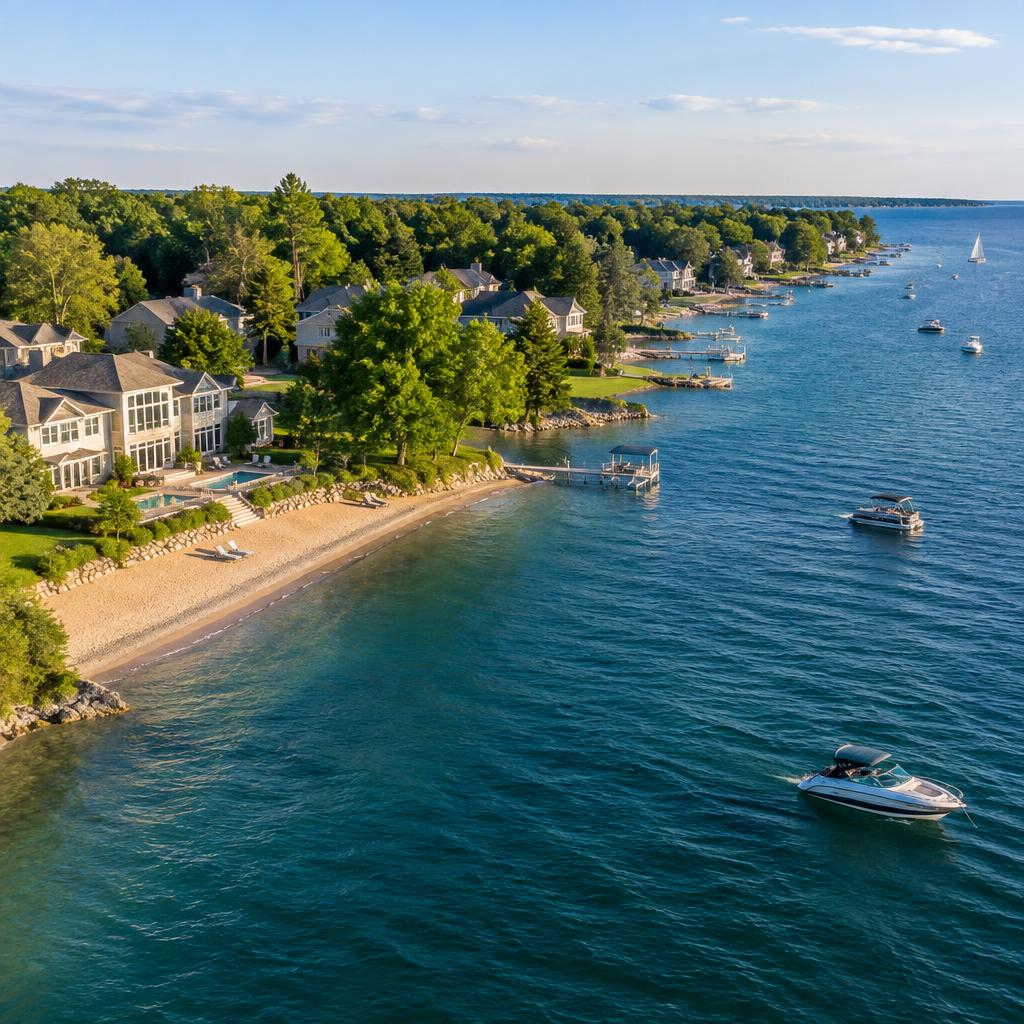 Aerial view of luxury lakefront homes along a sandy Michigan shoreline with boats