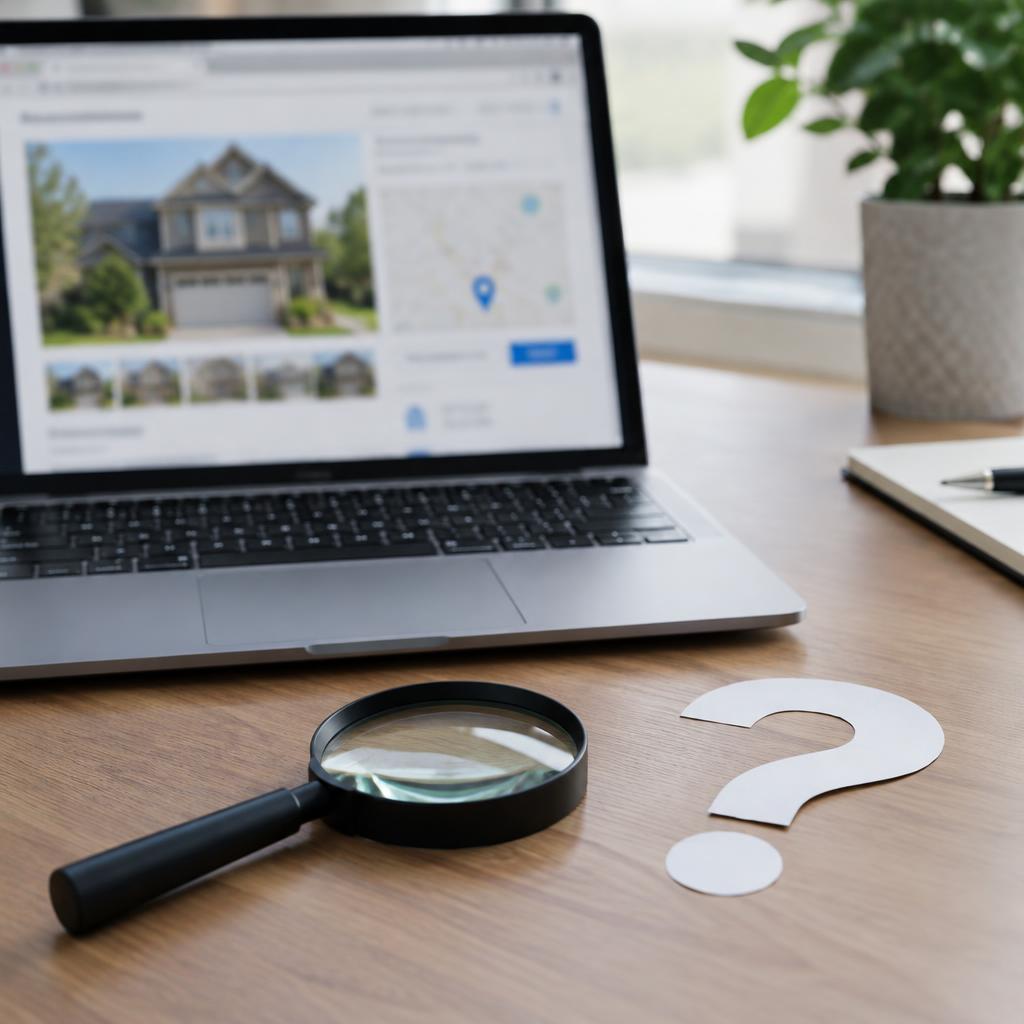 Laptop showing a home listing beside a magnifying glass and a paper question mark