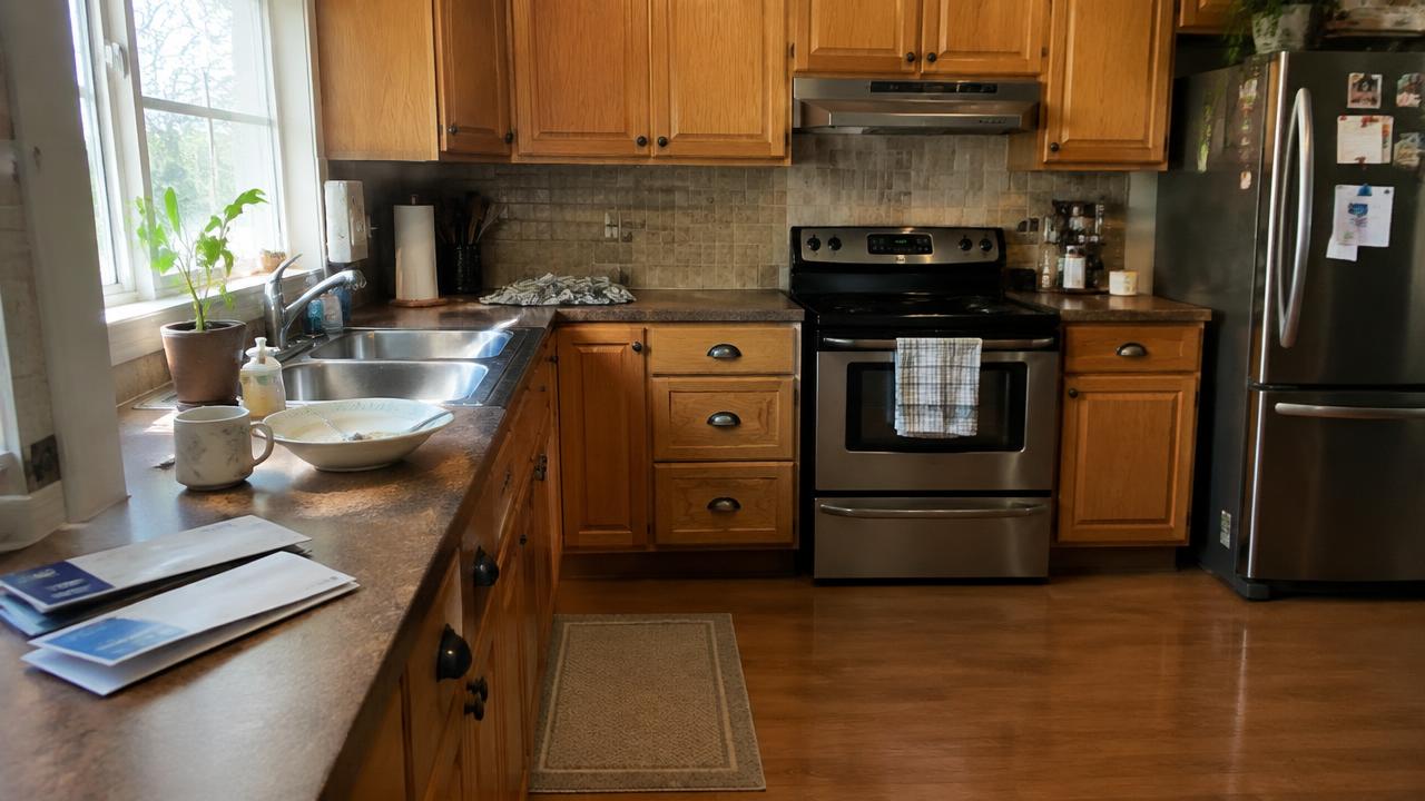 Everyday lived-in kitchen with dishes and mail on the counter
