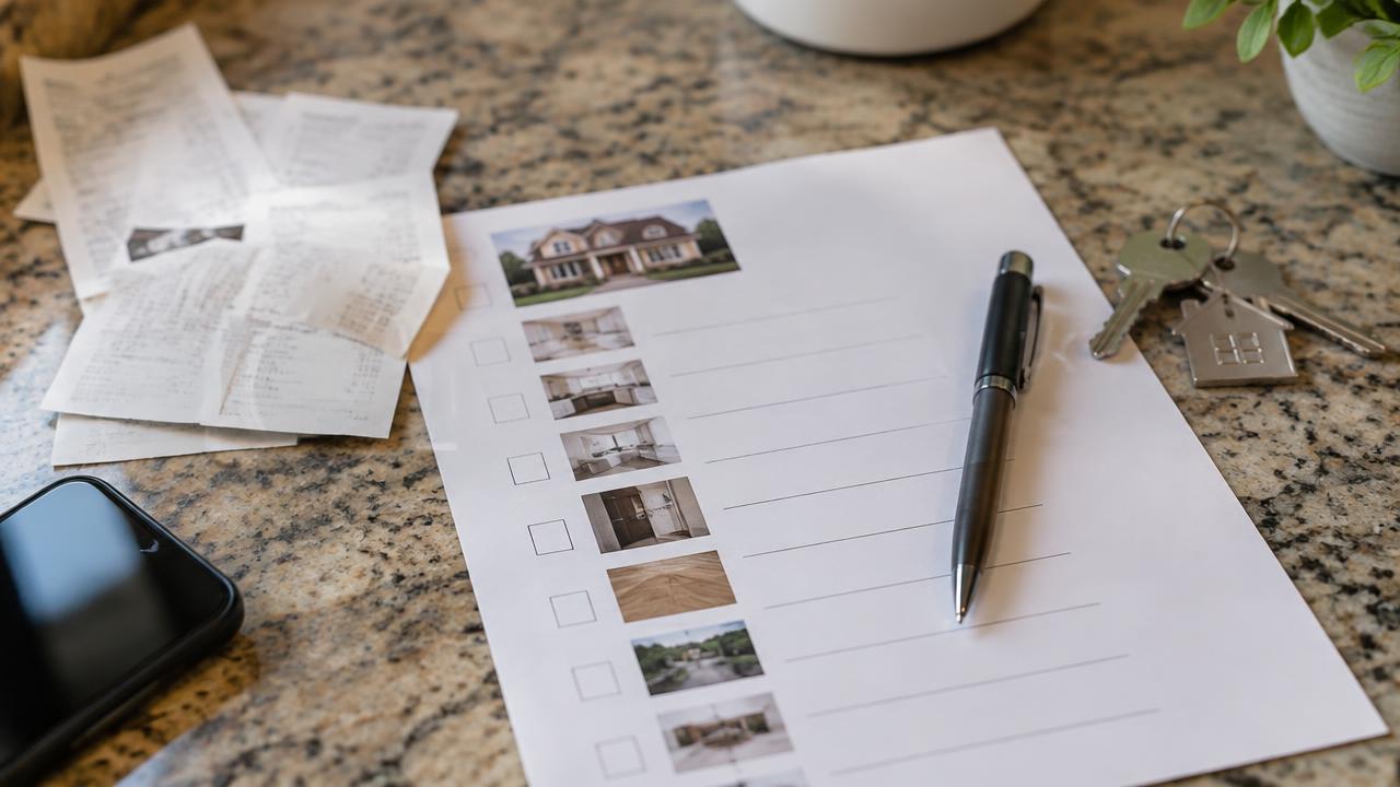 Printed home upgrade list with receipts and house keys on a kitchen counter