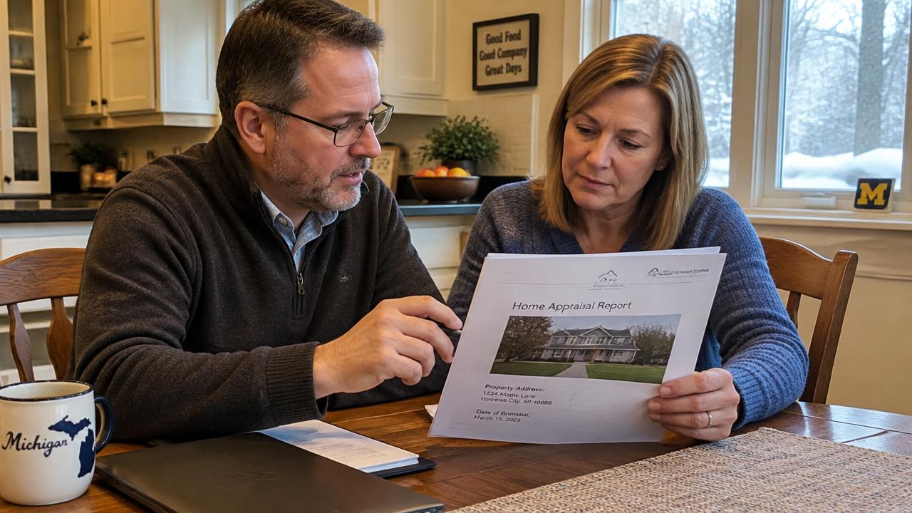 Homeowners reviewing a private appraisal report at their kitchen table