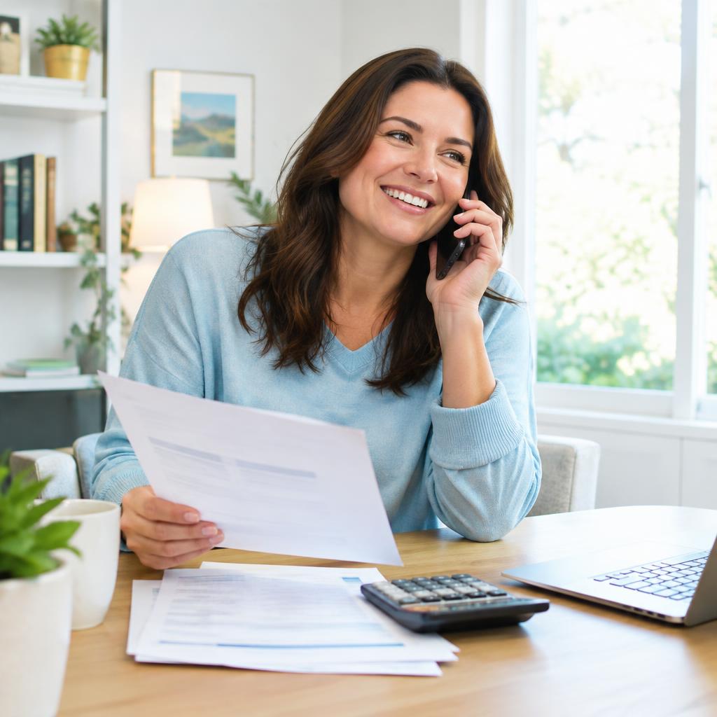 Relieved homeowner smiling on the phone with a mortgage statement and calculator