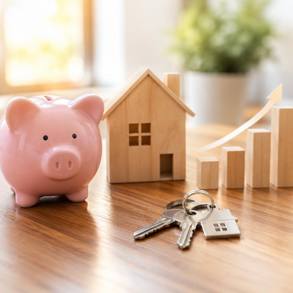 Piggy bank beside a wooden model house and house keys with a rising chart