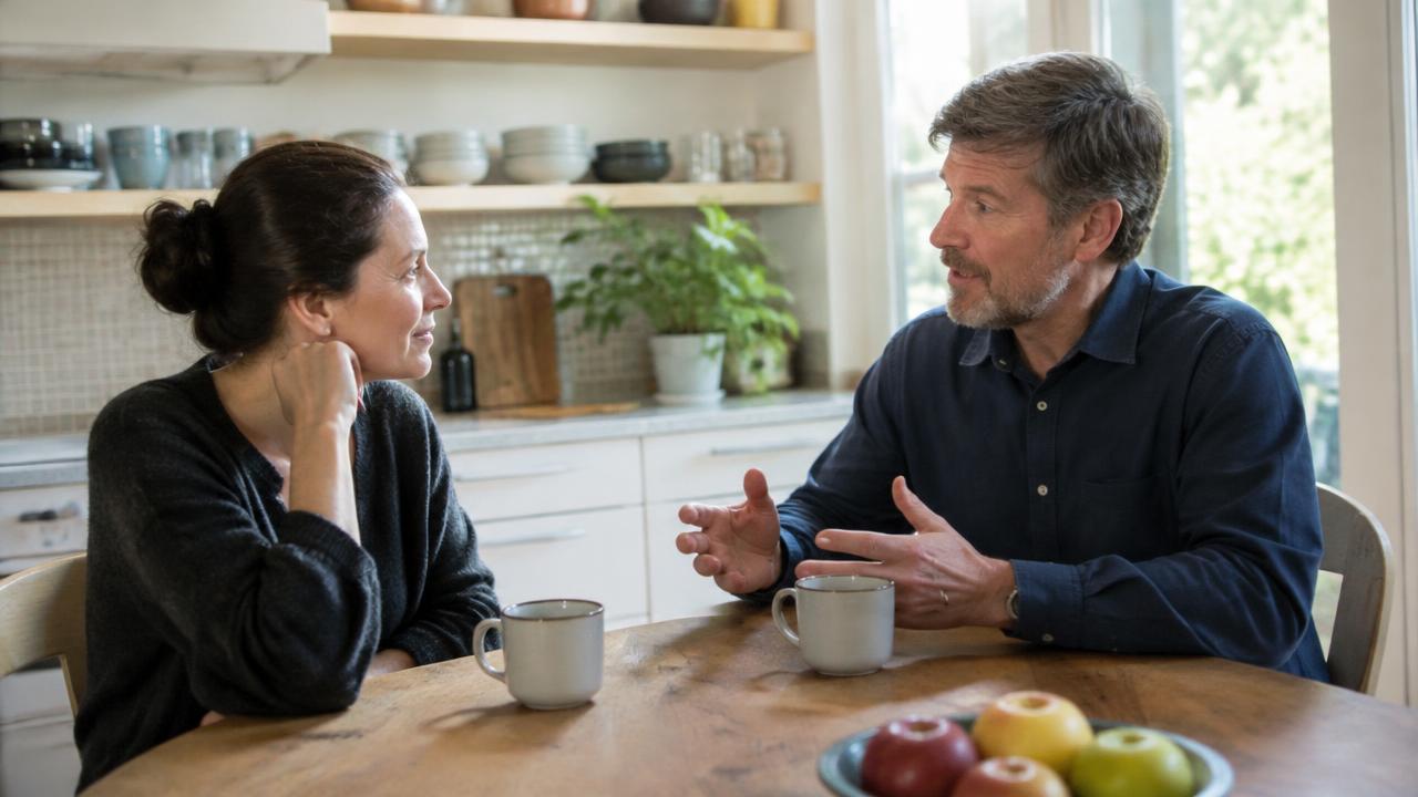 Two adults having a calm conversation over coffee at a kitchen table