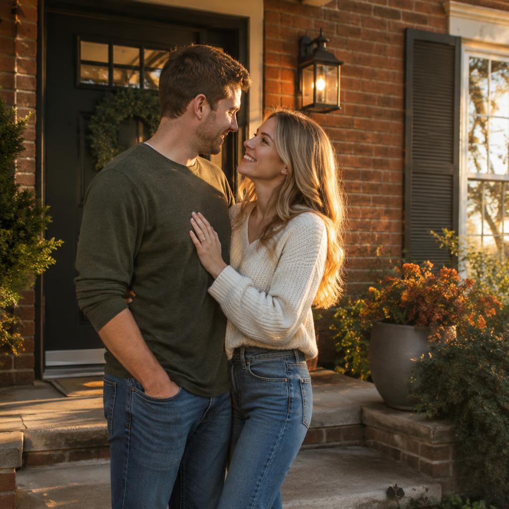Engaged couple embracing on the front porch of their Michigan brick home