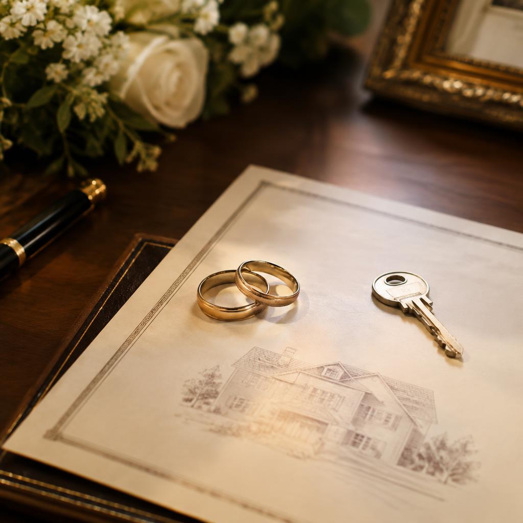 Wedding rings resting on a property deed beside a house key