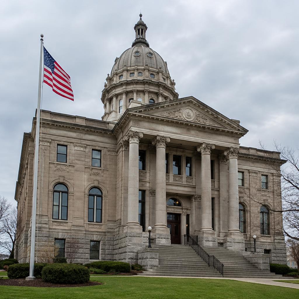 Historic county probate courthouse with stone columns and an American flag