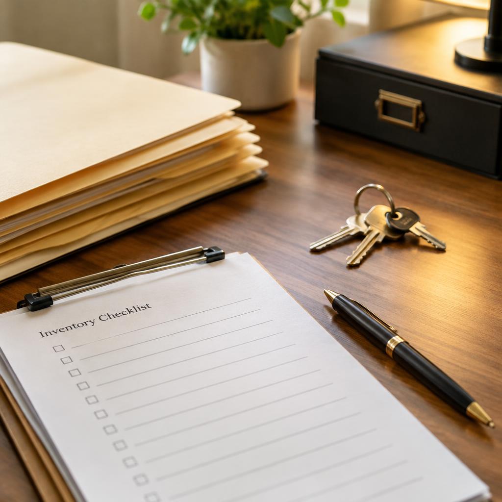 Executor's desk with an inventory checklist, folders, and house keys