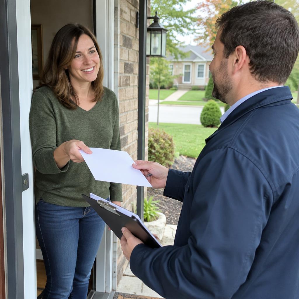 Homeowner handing a home improvement list to an appraiser at her front door