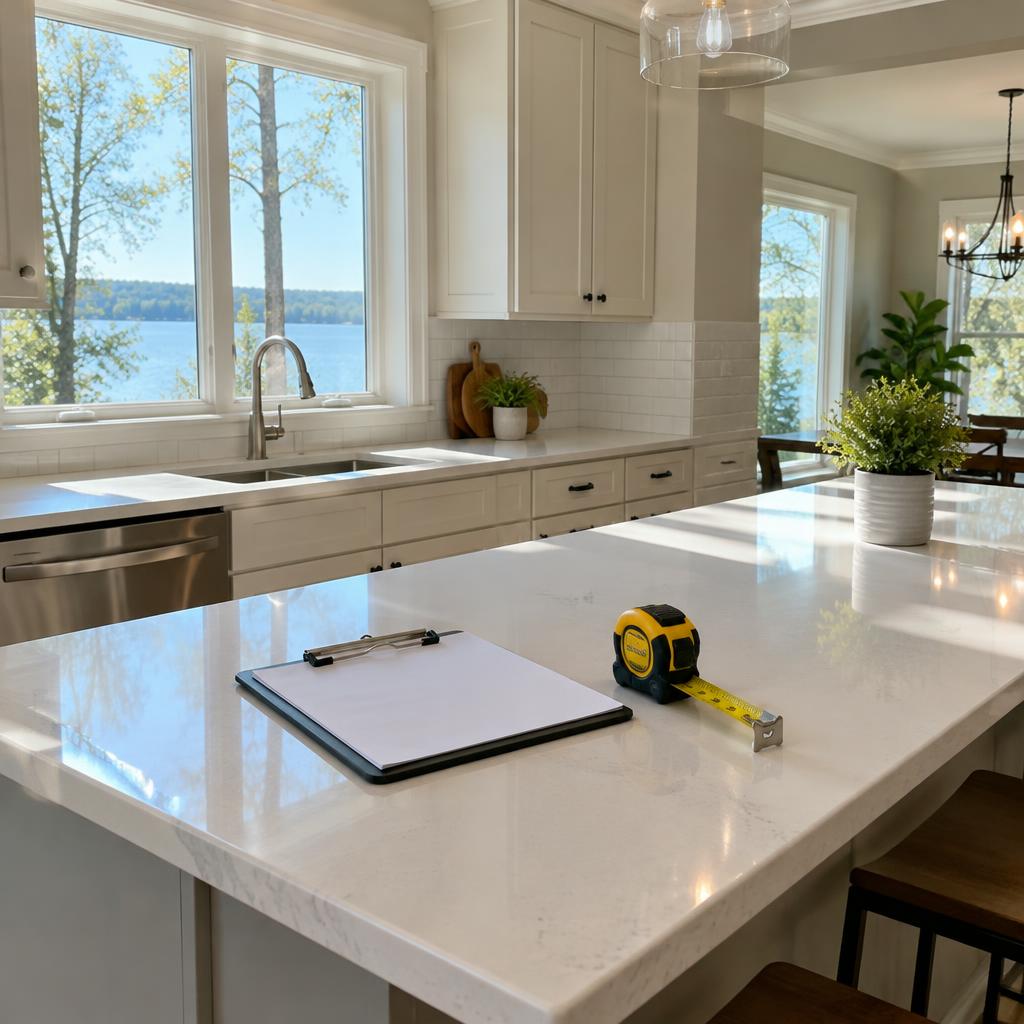 Bright tidy kitchen with a clipboard and tape measure on the island, ready for inspection