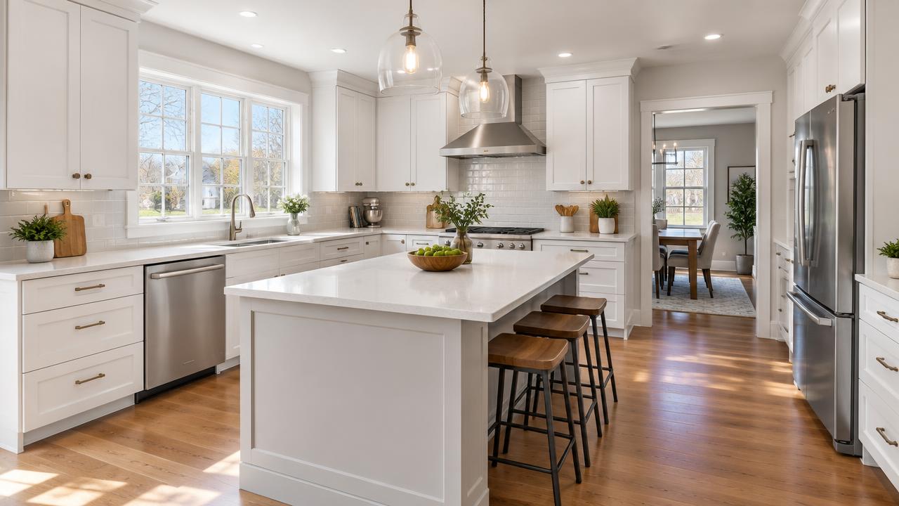 Bright renovated kitchen with white cabinets, quartz counters, and stainless appliances in a Michigan home