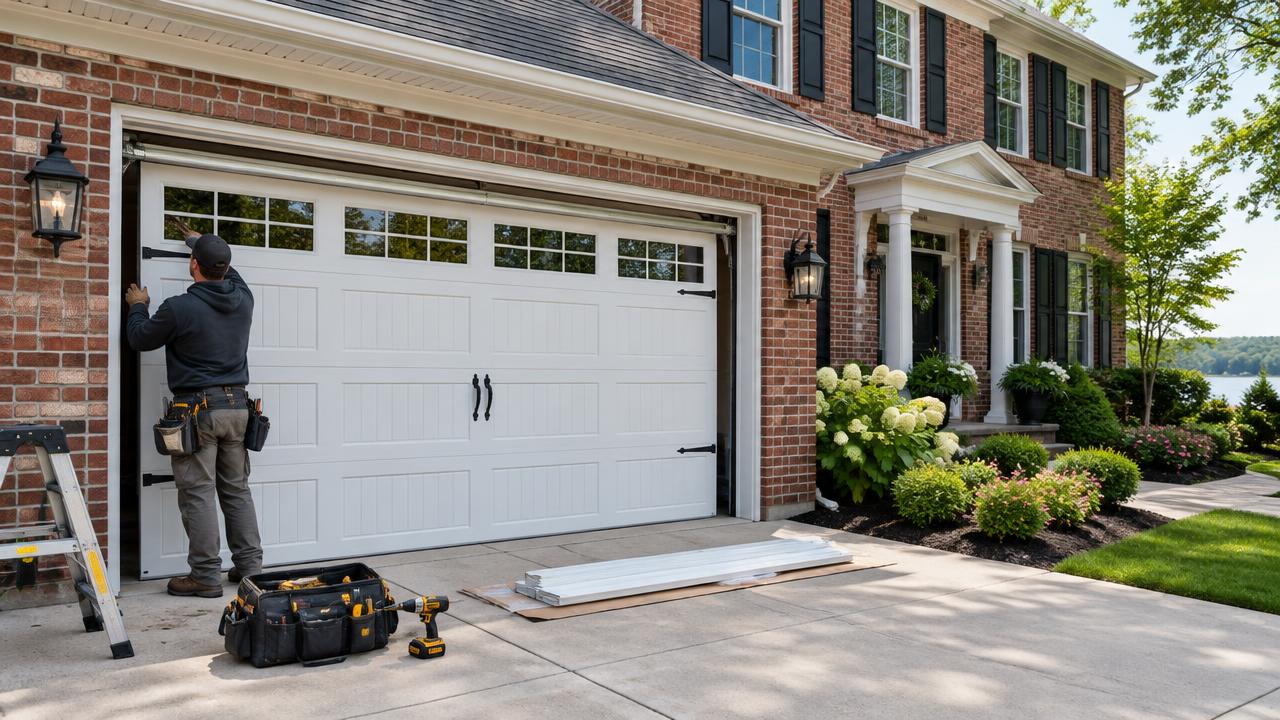 Contractor installing a new carriage-style garage door on a brick Michigan colonial home