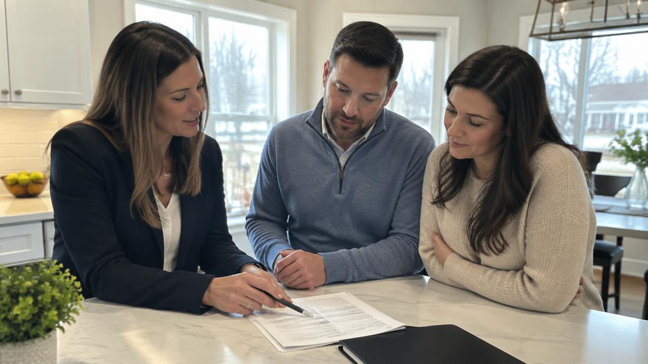 Real estate agent reviewing a purchase offer with buyers at a kitchen island