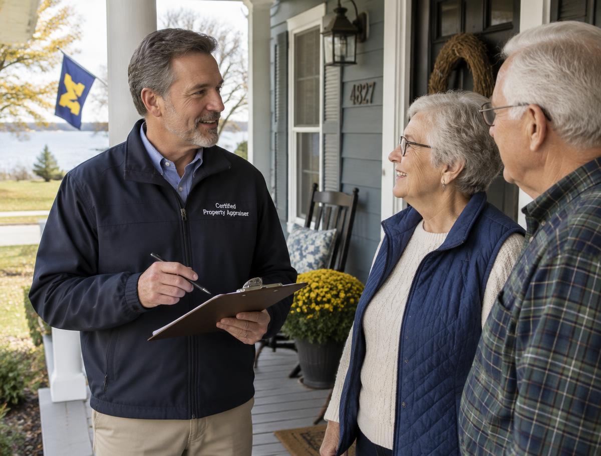 Appraiser speaking with a senior couple on their porch