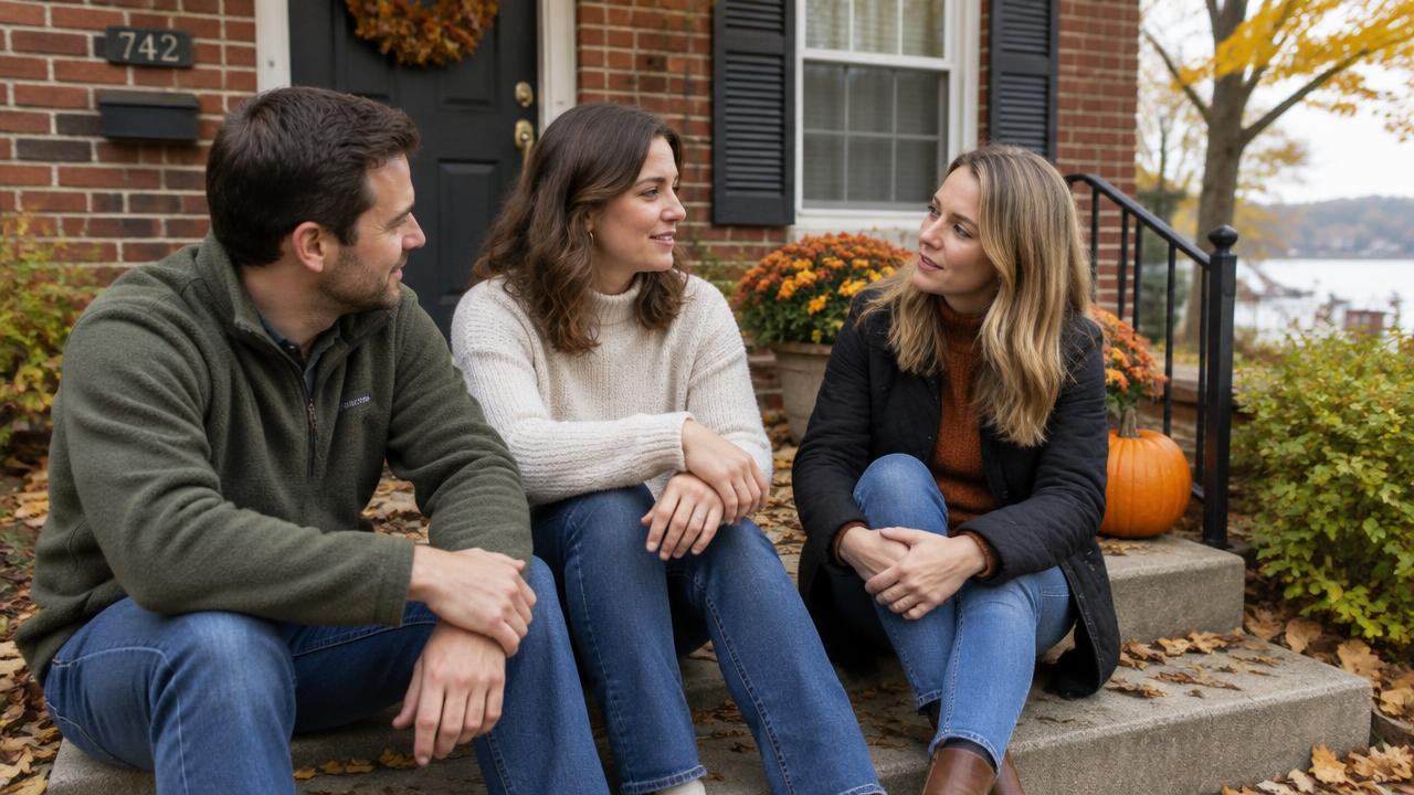 Three adult siblings talking on the front steps of their childhood home