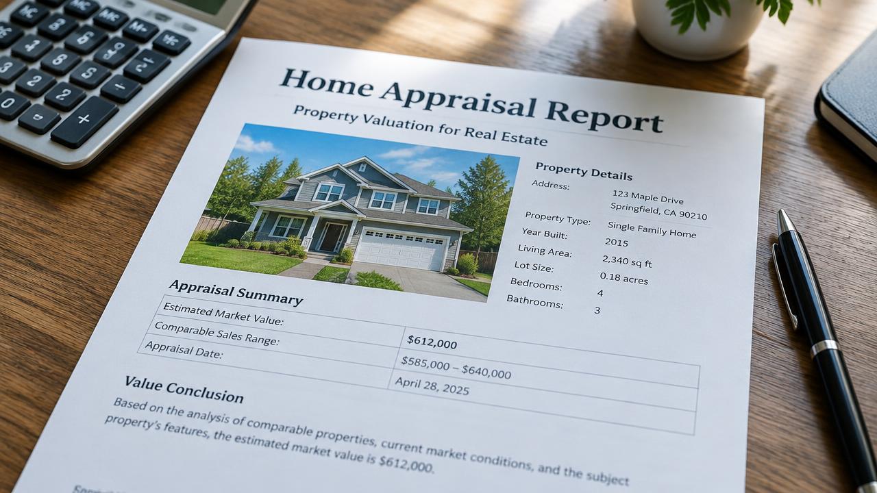 Home appraisal report with a calculator and pen used for a sibling buyout